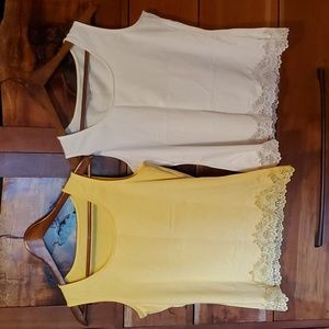 Coldwater Creek 2 sweet tanks Wom S Laced bottom, can wear as Med, cream/yellow